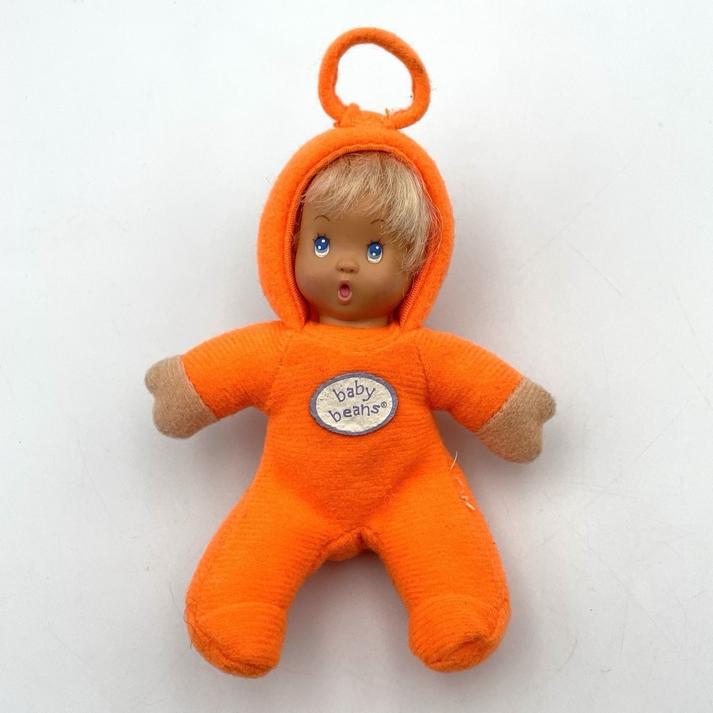 Vintage 1990s Baby Beans Orange Suit Clip Plush Doll 6" Keychain Toy Blonde
